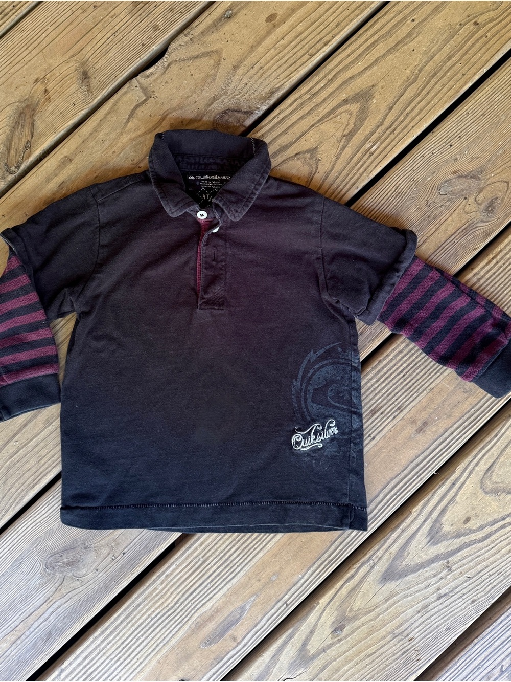Quiksilver Boys Faux Layer Long Sleeve Polo Shirt Black Burgundy Striped 4T/4